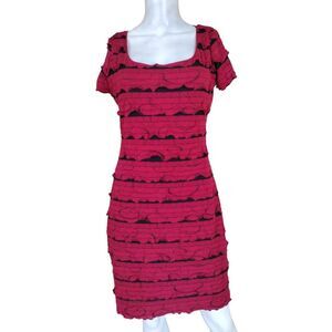 Studio M Dress Woman Medium Red Black Ruffle Party Stretch Midi Dress Lined